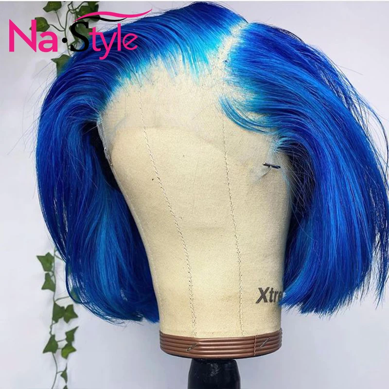 

Синие парики из человеческих волос для чернокожих женщин, цветной короткий парик Боб на шнуровке, парик с вырезами фальшивой, человеческие ...