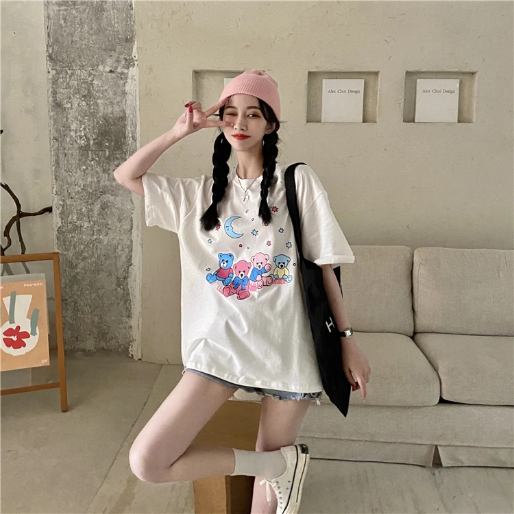 

KK1658 women new small fresh and lovely age-reducing bear print loose mid-length large version short-sleeved T-shirt
