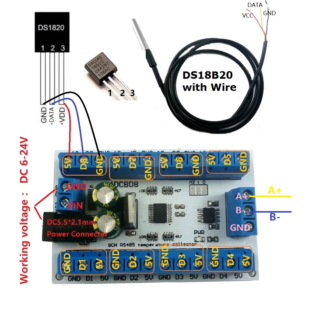 8ch Ds18b20 Rs485 Modbus Rtu Датчик контроля температуры дистанционный цифровой модуль |