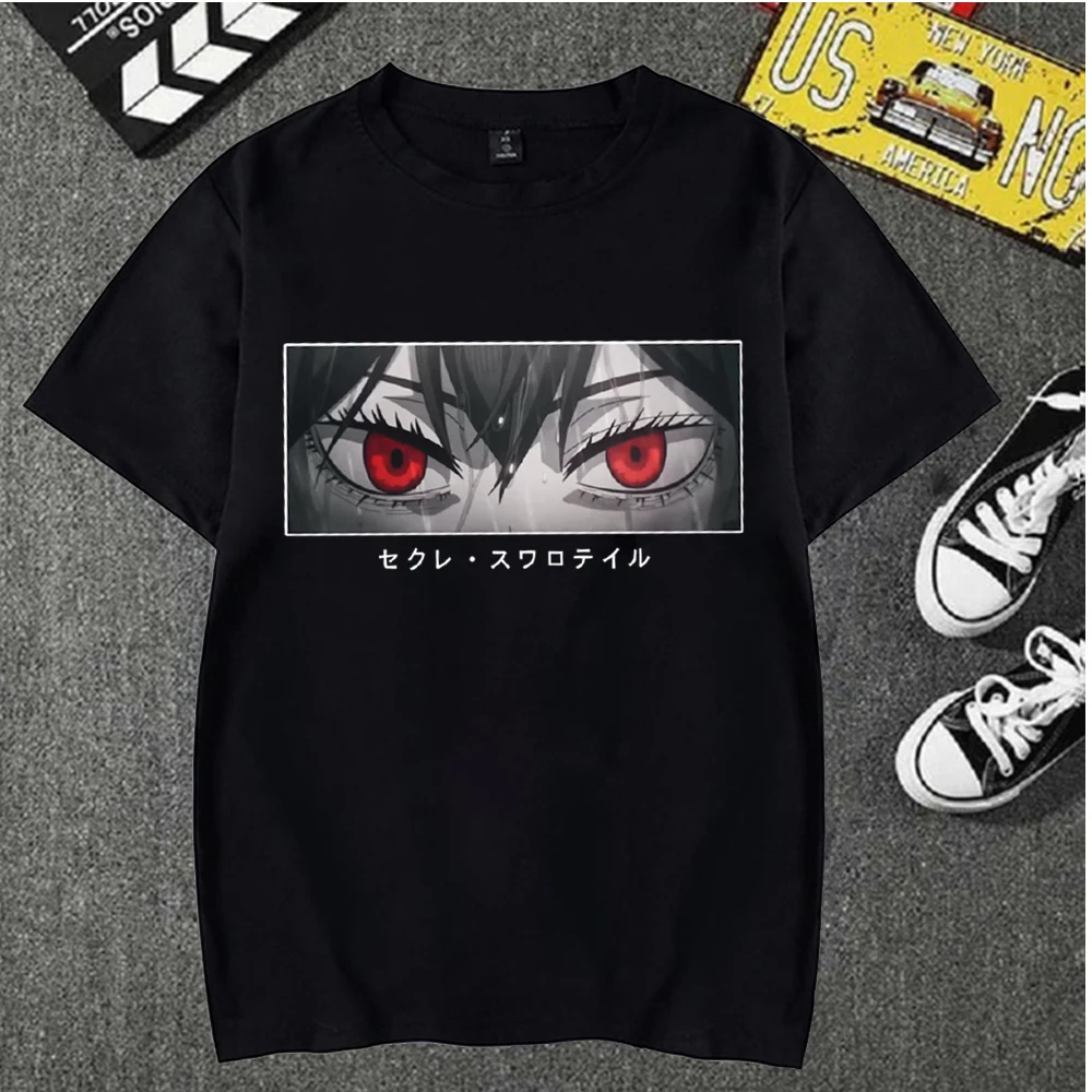 Camiseta de Anime de trébol negro para hombre, camisetas de manga corta con ojos, ropa informal para hombre