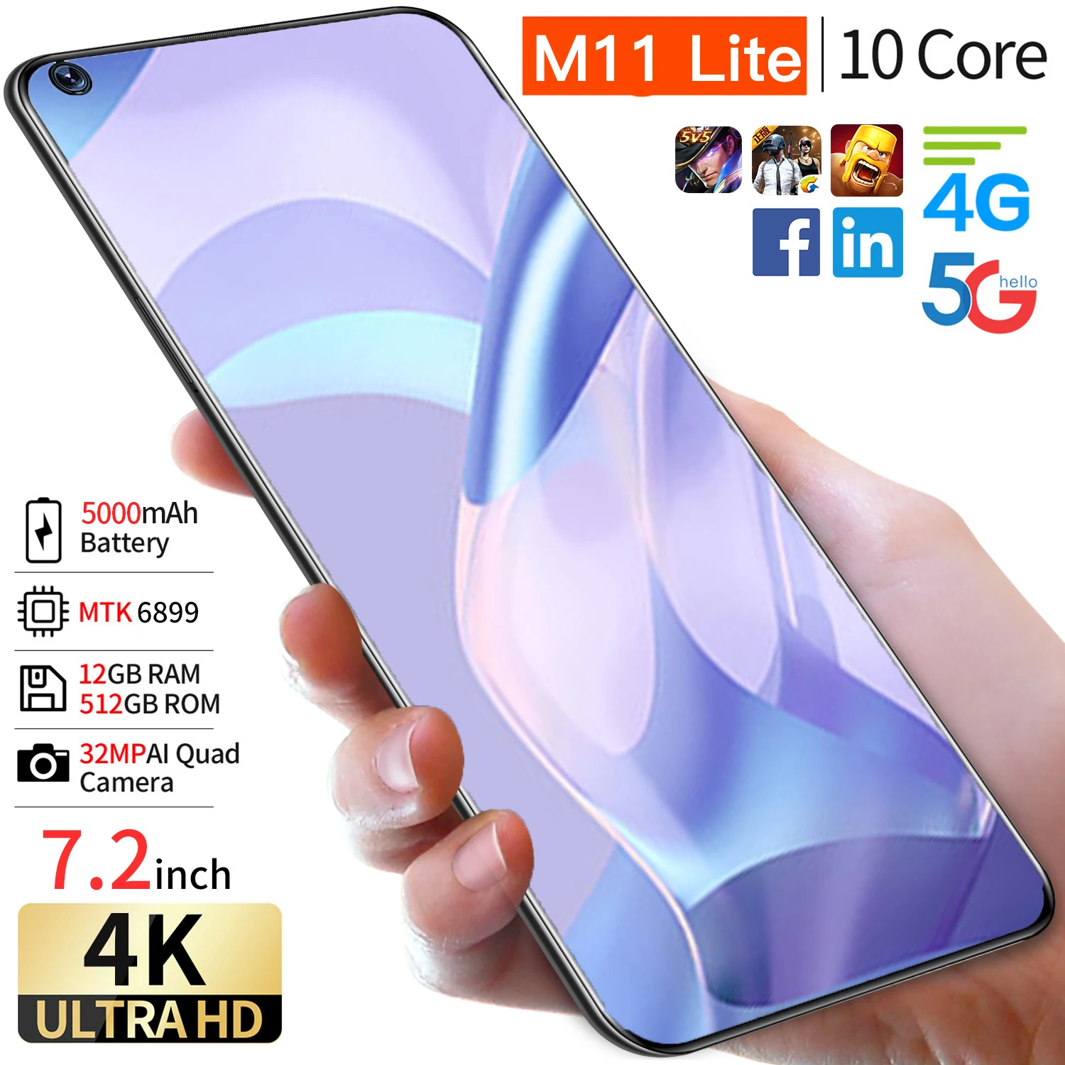

New Version M11 Lite 5G 7.2 Inch Smartphone 5000mAh 16MP+32MP 12GB+512GB Unlock Mobile Phones Global Version cellphones