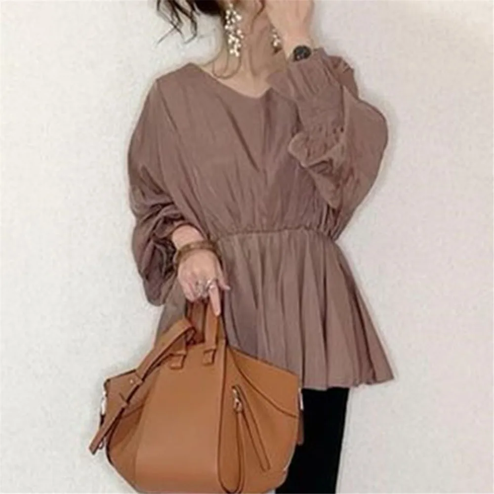 

Blouse 2021 Spring New Ladies Shirt Korean Fashion Streamer Western Style Long-sleeved Temperament V-neck Chiffon Girl Japanese