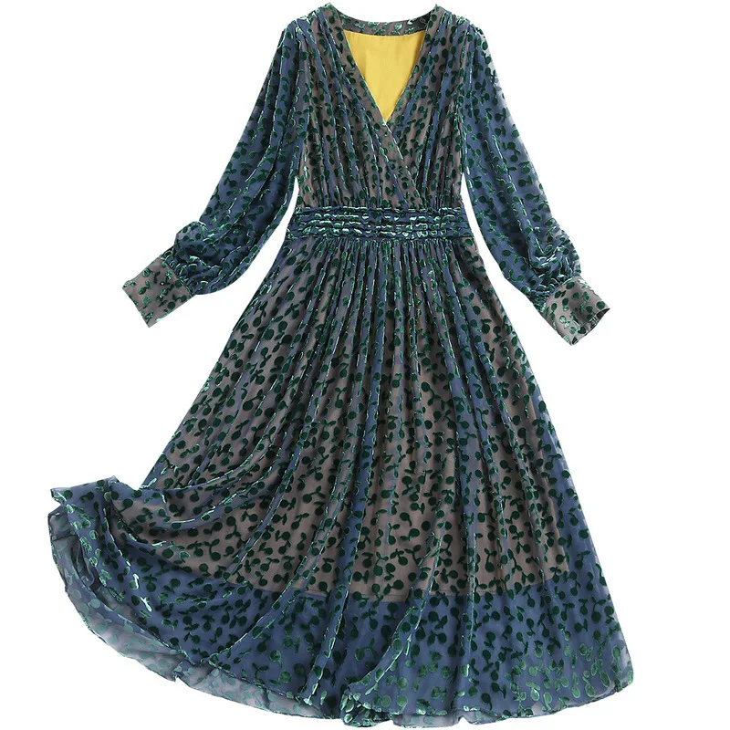 

High Quality Chiffon Skirt Blue Green Lantern Sleeve Fashion Lady Fall Clothing Covered Buttons V Neck Flocking Dress Women