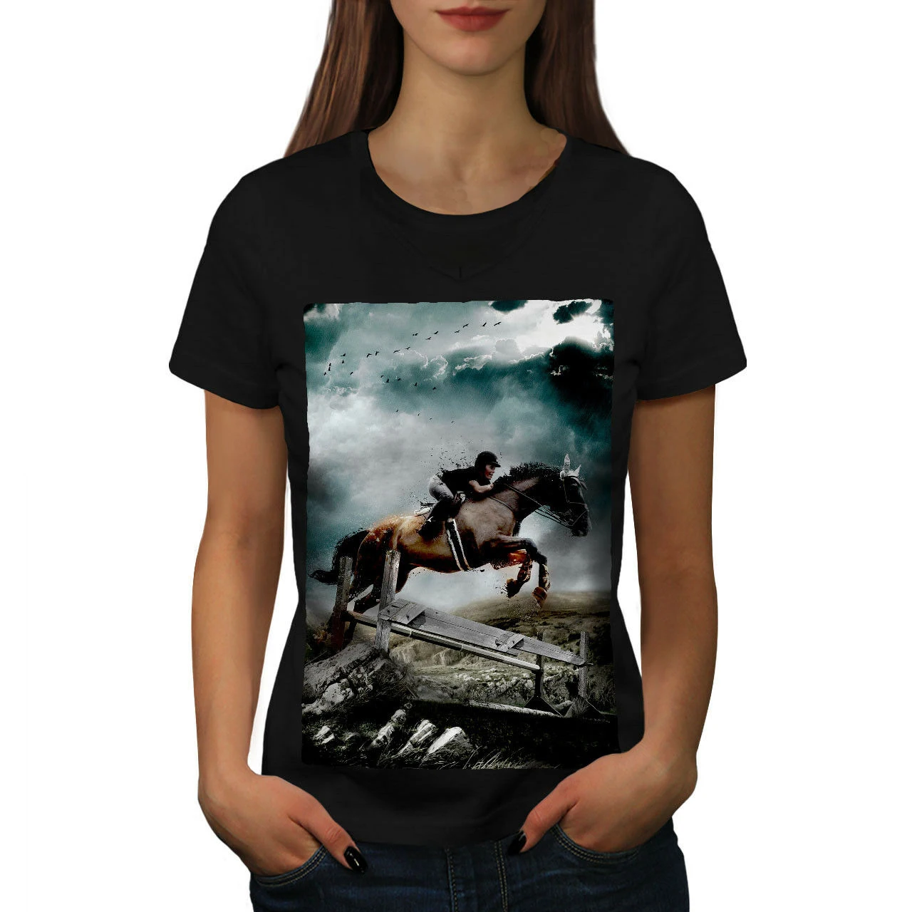 Лошадь Спорт фото животных женская футболка девушка графический дизайн