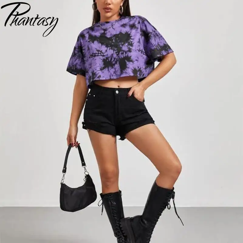 

Phantasy 2021 New Tie-Dye Crop Tops Women's Summer Short Sleeve Loose Short T-Shirt Fashion Street Style Casual Top O-Neck Tees