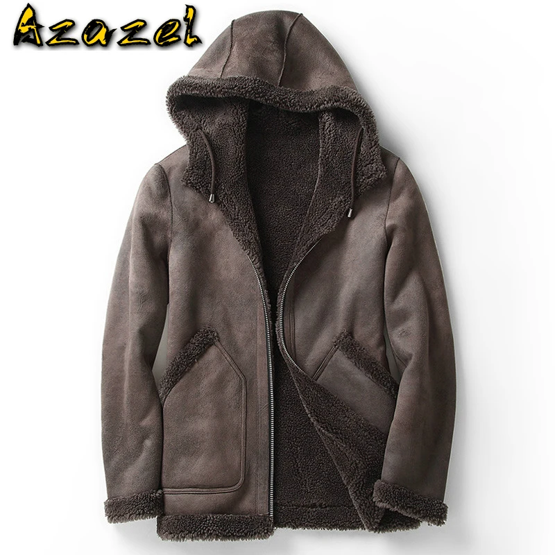 

Короткая мужская куртка из натурального меха Azazel, мужская кожаная куртка с капюшоном на осень и зиму, мужское шерстяное пальто с овчиной стр...