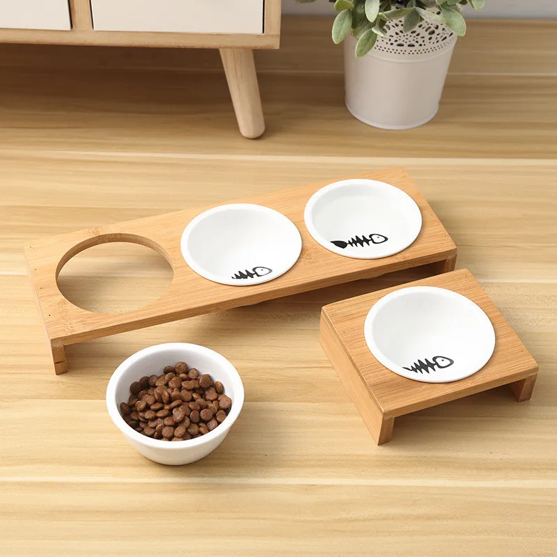 

Fashion Cat Dog Feeders Bowls Bamboo Tableware Ceramic Pet Food Water Bowl High Supplies Dog Cat Bowl Grade Anti Skid Pet