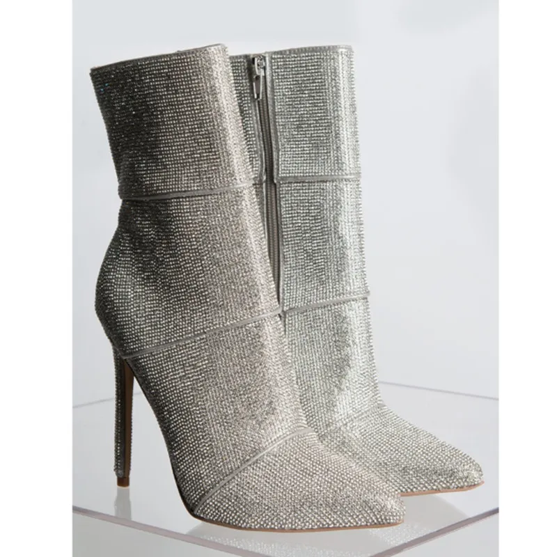 

Glitter Bling Rhinestones Studded Women Ankle Boots Pointed Toe Stiletto High Heels Short Booties Winter Side Zip Sliver Boots