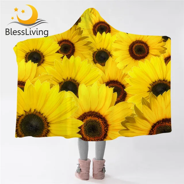 BlessLiving Flowers Hooded Blanket Sunflower Blossoms Sherpa Fleece Blanket 3D Print Wearable Blanket Nature Cobertor 150x200 1