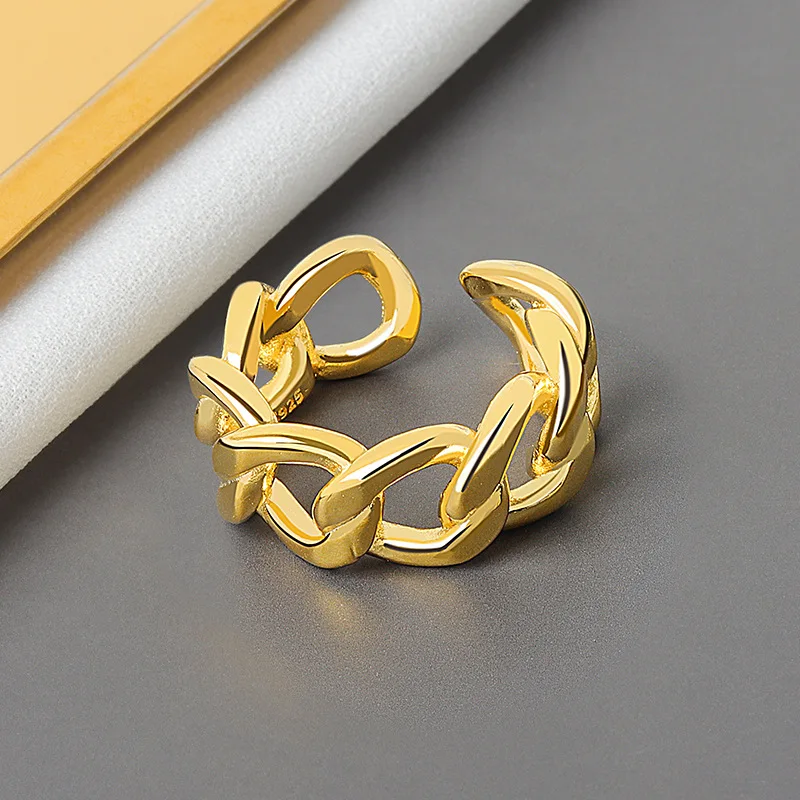 

QMCOCO 100% 925 Sterling Silver Rings Smooth Round Chain Ring Female Exquisite Unique Design Handmade Jewelry