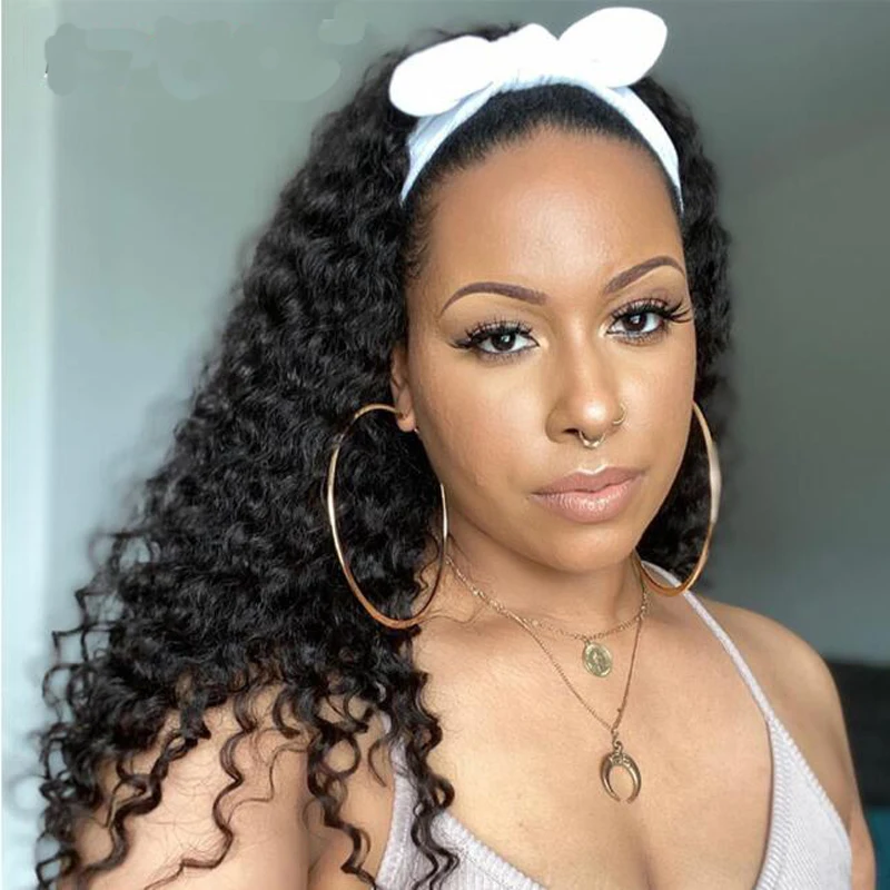 

Кудрявый парик с головной повязкой с человеческие волосы перуанская повязка на голову человеческие волосы парики Remy для черных женщин маши...