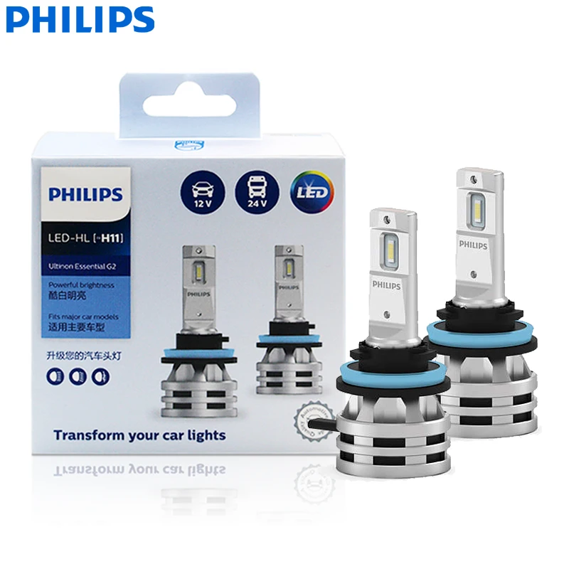 Philips-bombillas LED H11 Ultinon Essential Gen2, 12V/24V, 24W, G2 6500K, luz blanca, para coche y camión, 11362UE2X2, 2 uds.