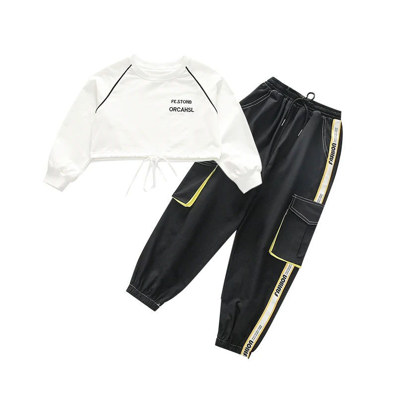 

New Children Clothing Girls Casual Outfits Fashion Sets Kids Short Sweatshirt Hip hop Teens Girls Cargo Pants Ribbon Track suits