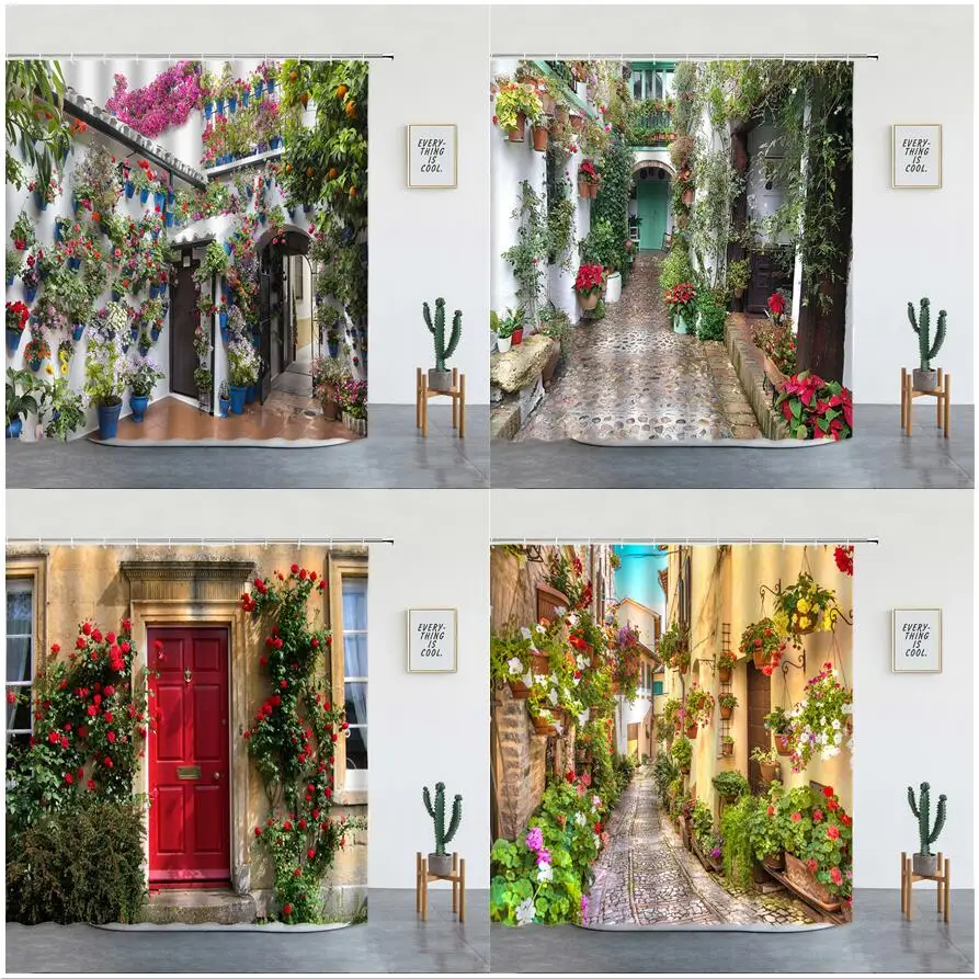 

Italian Landscape Shower Curtains Country Town Mediterranean Leafy Plants Retro Door European Architecture Bathroom Decor Hooks