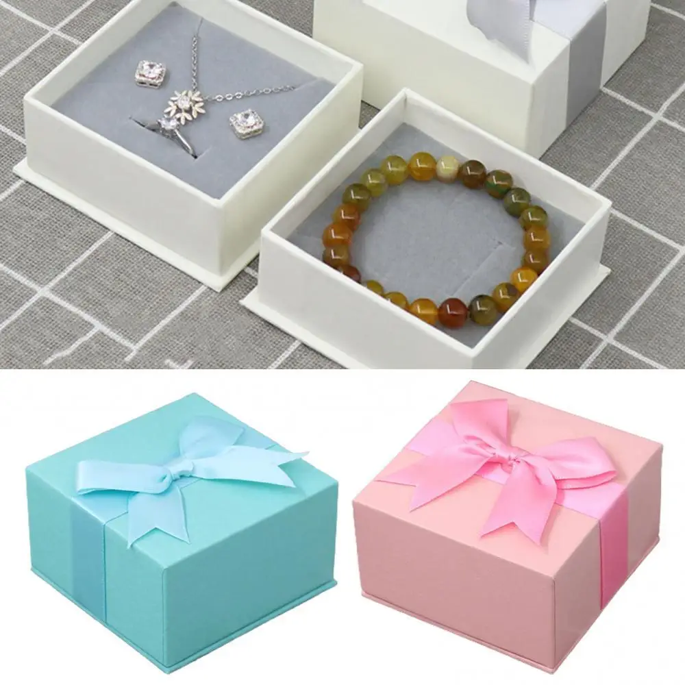 

Square Solid Color Bow Design Ring Necklace Earrings Jewelry Storage Box Case
