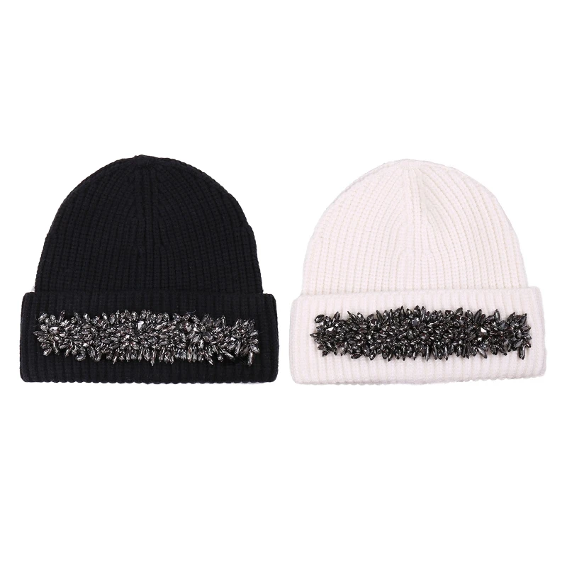 

Thermal Shiny Rhinestone Beanie Hat Trendy Knitted Hat Wool Hat Warm Windproof for Outdoor Activities in Cold Weather 101A