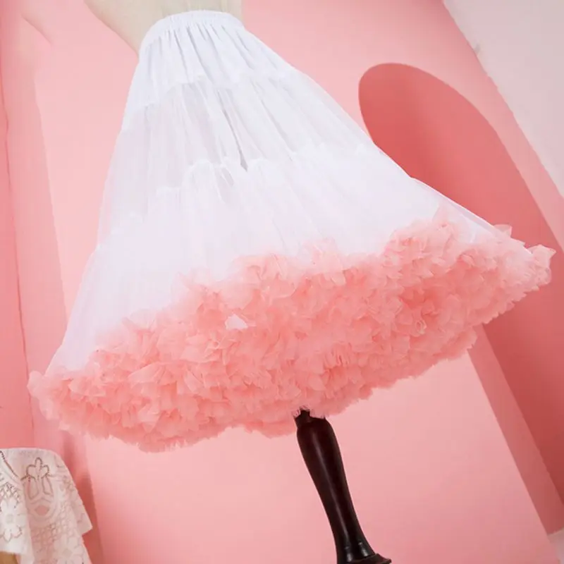 

60cm Women Lolita Candy Cloud Tulle Petticoat Contrast Color Pink Ruffles Puffy U90E