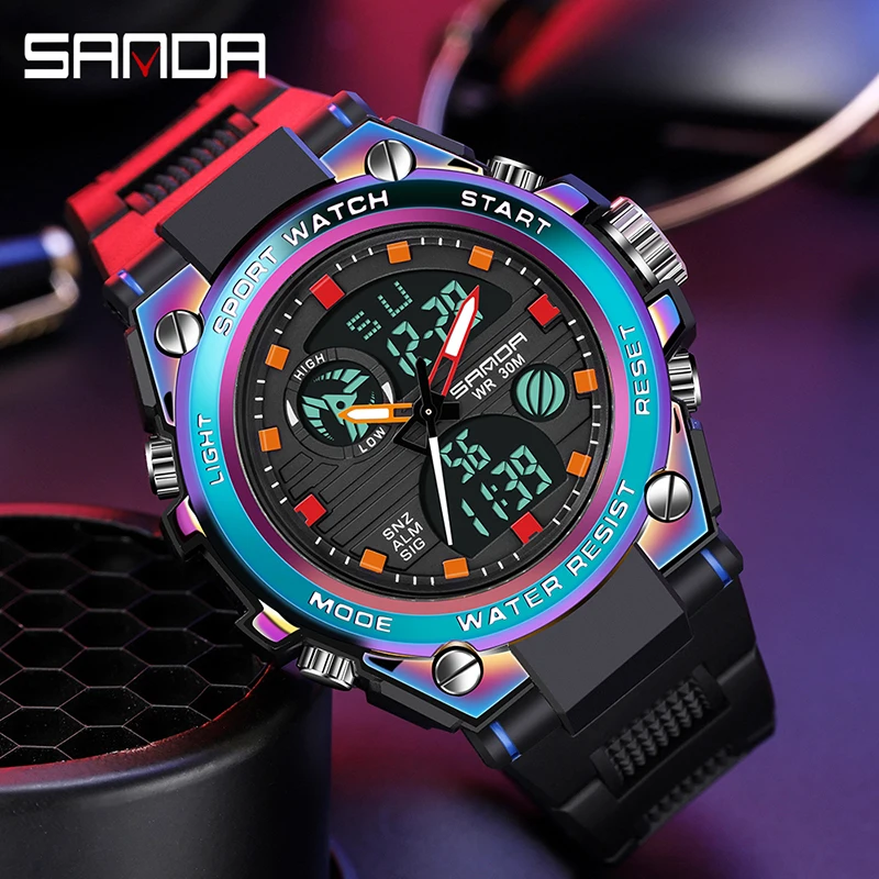 

Часы наручные SANDA Мужские кварцевые, Роскошные Цветные водонепроницаемые спортивные светящиеся многофункциональные с двойным дисплеем, с хронографом