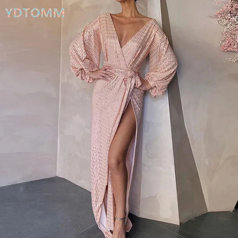 

Dinner Dresses for Women Sequin Clothes V Neck Pink Lace Up Long Dress for Wedding Party Elegant Evening Luxury Glitter Dress