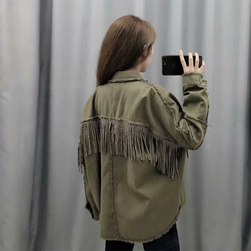 

Autumn Tassels Denim Jacket Women Loose Army Green Button Coat Woman Jeans Jacket Irregular Hem Jackets For Female