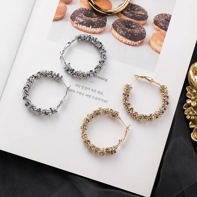 Korea New Statement Full Rhinestone Circle Gold Color Hoop Earrings For Women Party Jewelry Geometric Round Pendientes Brincos | Украшения
