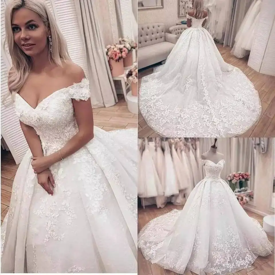 Купи Off The Shoulder Wedding Dress 2021 Puffy Lace Appliques Plus Size Ivory Long Train Church Lawn Vestido De Novia Gowns for Bride за 13,232 рублей в магазине AliExpress