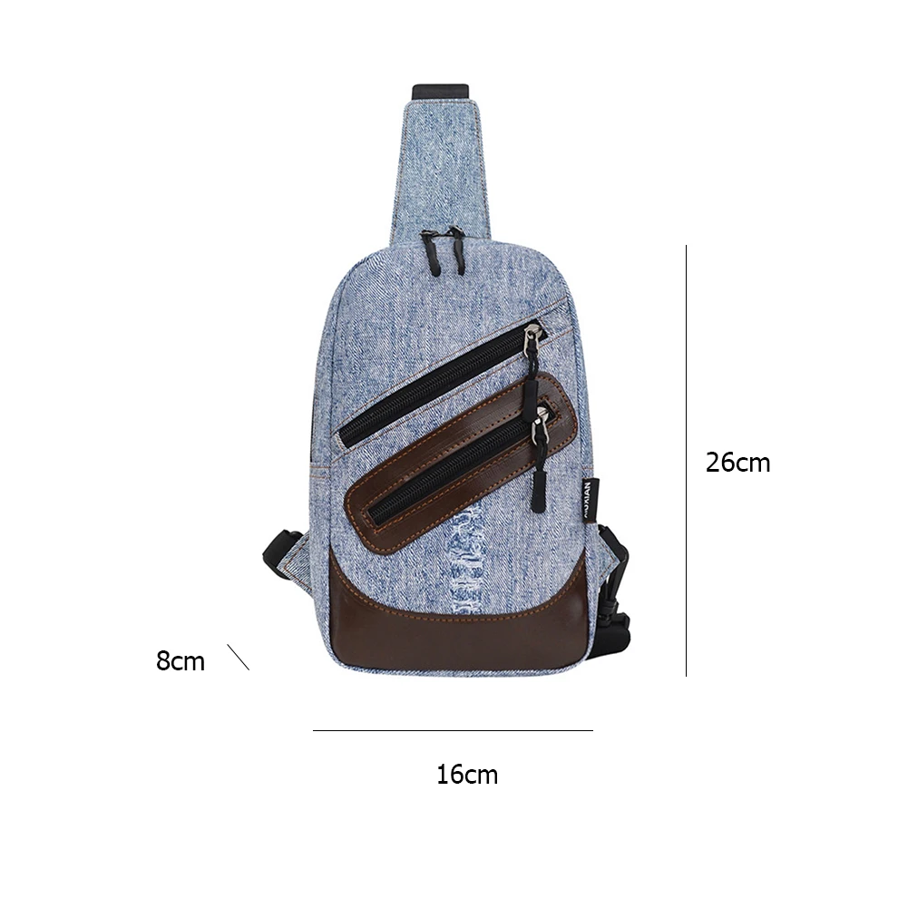 

Fashion Women Chest Crossbody Bag Casual Splicing PU Denim Shoulder Waist Pack Outdoor Travel Pockets With Headphone Hole Unisex