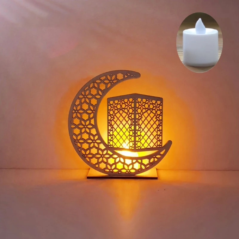 

Wooden Ramadan Eid Mubarak Moon Star Islam Hanging Pendant Plate WithLED Candles Ornament Home Decor DIY Gift