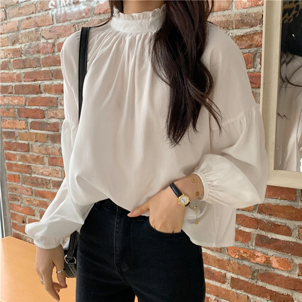 

White Blouse Shirt Long Sleeve Janpan Korean 2021 Spring Casual Tops Loose Style Femme Shirts Blouse Daily Simple Pullover