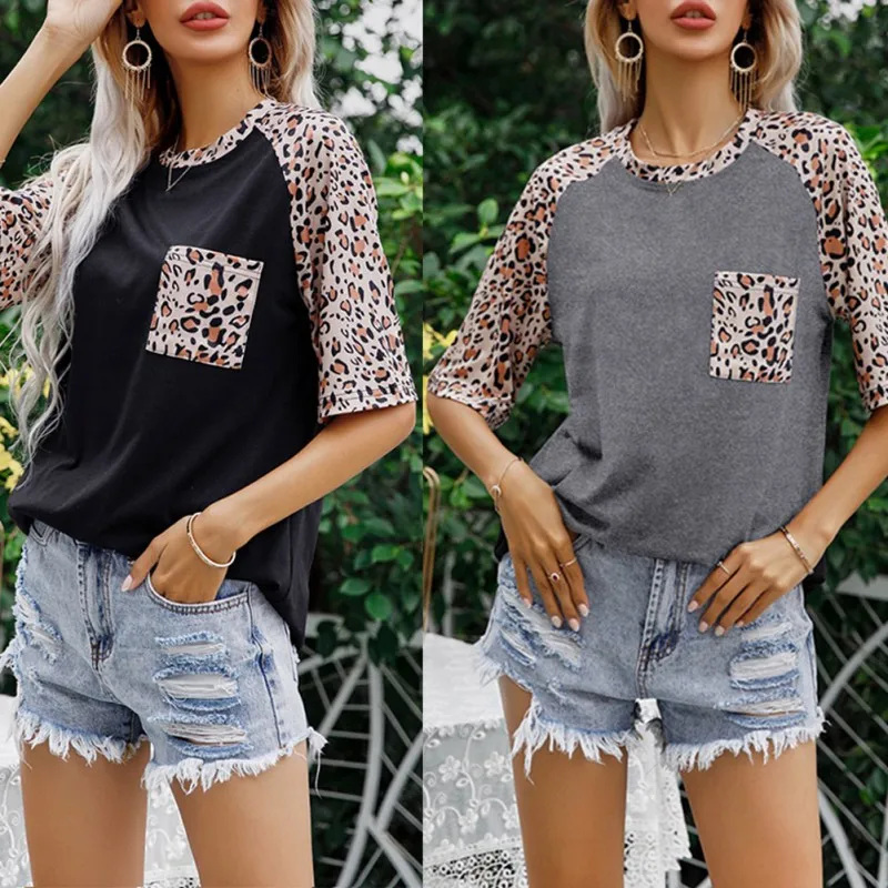 

Women's T-Shirt New Leopard Lines Splicing Summer Round Neck Casual Short-Sleeved T-shirt Pocket Top Blouse
