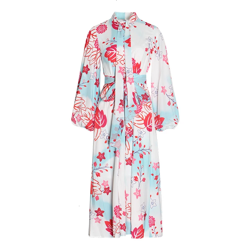 CHICEVER/осеннее платье с принтом и бантом для женщин рукавами фонариками круглым