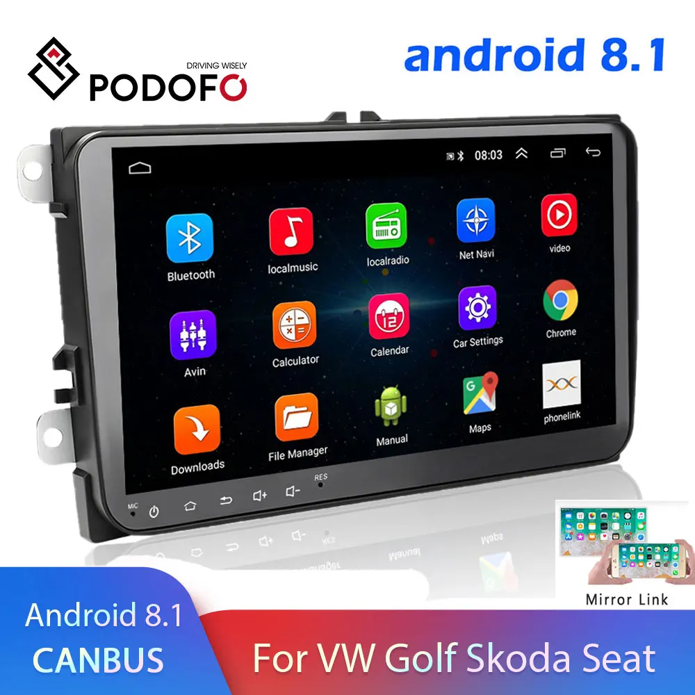 Podofo Android 8,1 2 Din Автомобильный Радио мультимедийный плеер gps стерео для Volkswagen Skoda Seat Octavia golf 5 6 touran passat B6 polo