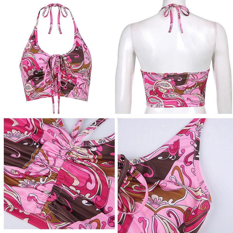 

Paisley Printed Crop Top y2k Aesthetic Halter Top Ruched Tie Up Camis Women Vintage Sweats Beach Holiday Top 90s Vests