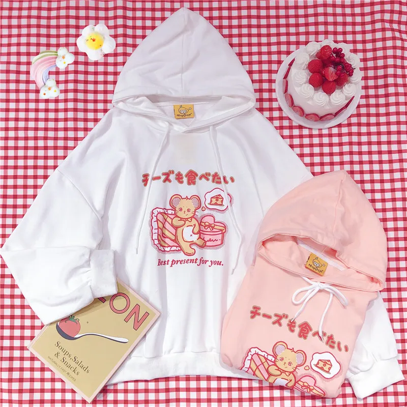 

Spring Autumn Small Fresh Cute All-match Age Reduction Girl Hoodies Mouse Print Bestie Kawaii Pollover