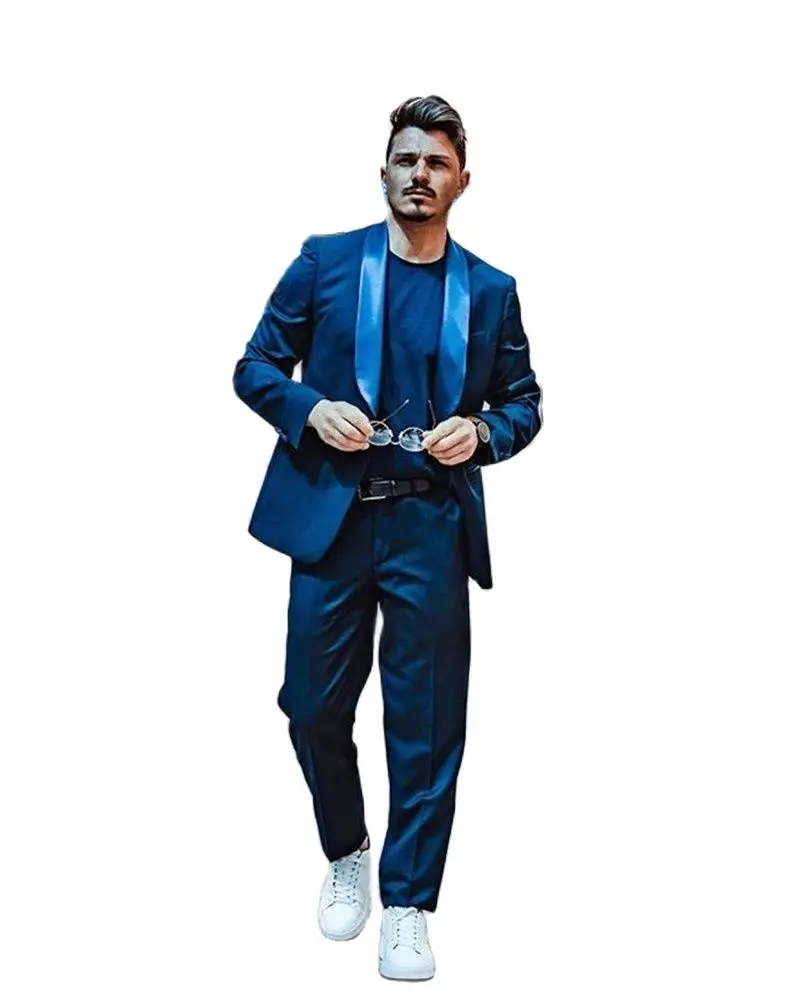 

Fashion Design High Quality Blue Shawl Lapel Single Breasted Slim Fit Men Suits For Groom Wedding Prom Casuel Tuxedos 2 Pieces