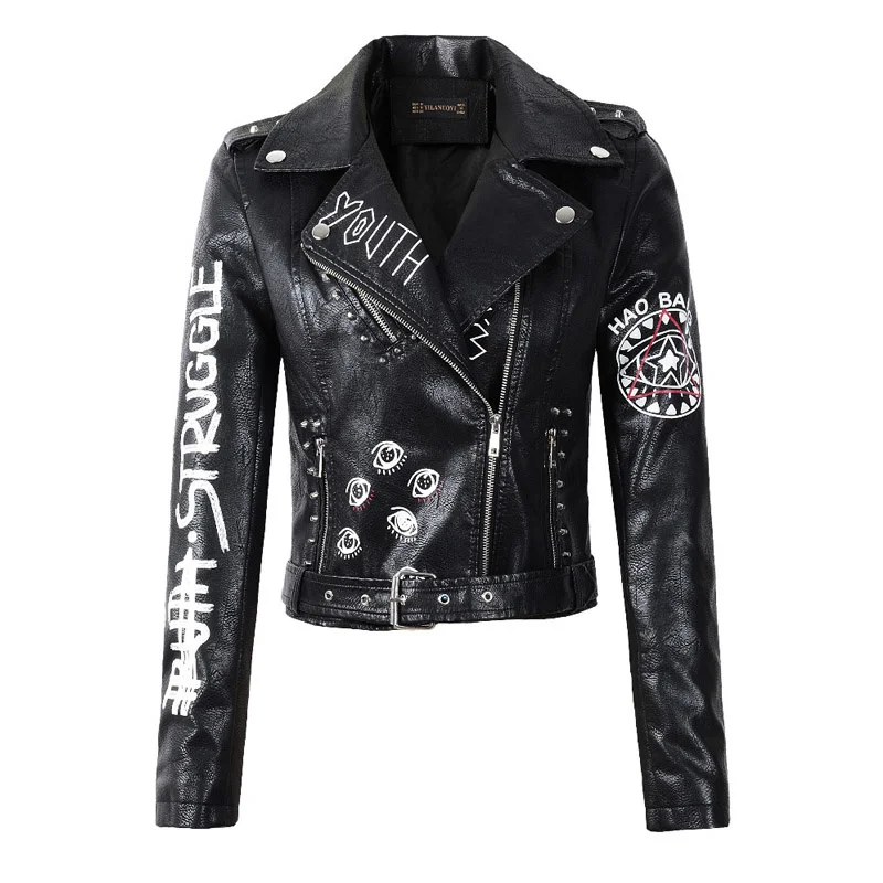 

2021 New Autumn Women Winter Faux Soft Leather Jackets Coats Lady Black PU Rivet Zipper Epaulet 3D print
