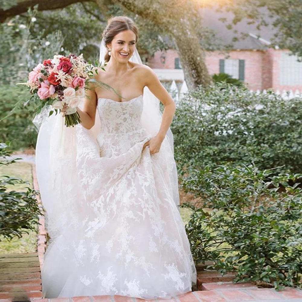 

Weilinsha элегантные свадебные платья трапециевидной формы без бретелек белая аппликация из кружева платья Свадебные платья размера плюс Vestidos ...