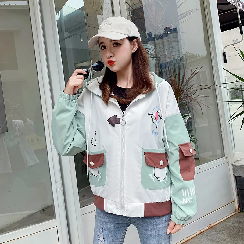 Women Fun Cartoon Print Color Matching Hooded Zippers Jacket Long Sleeve Patchwork Loose Outerwear Coat 2054870