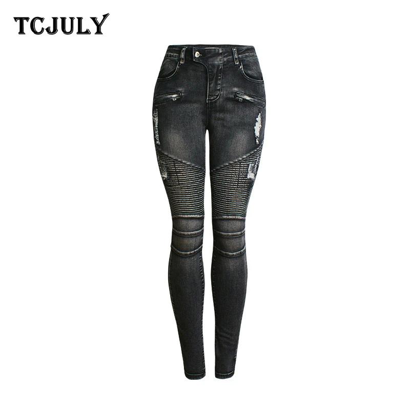 TCJULY 2020 Pleated Locomotive Skinny Jeans Woman Bleachd Washed Push Up Denim Pencil Pants Streetwear Slim Stretchy Black | Женская