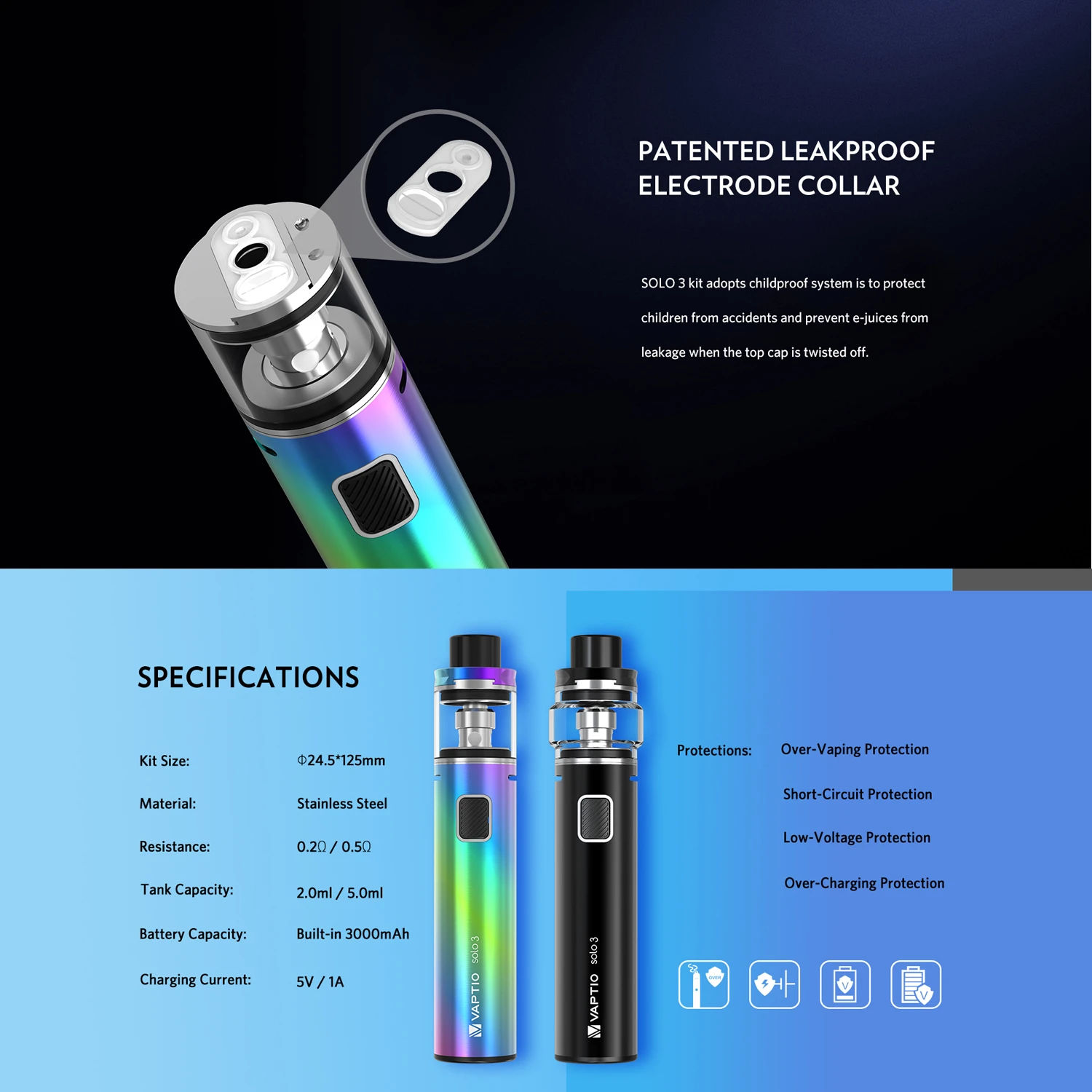 New Item Original Vaptio Solo 3 KIT With 3000mAh Built-in Battery 2.0/5.0ml Adjust The Vapor Electronic Cigarette Vaporizer | Электроника