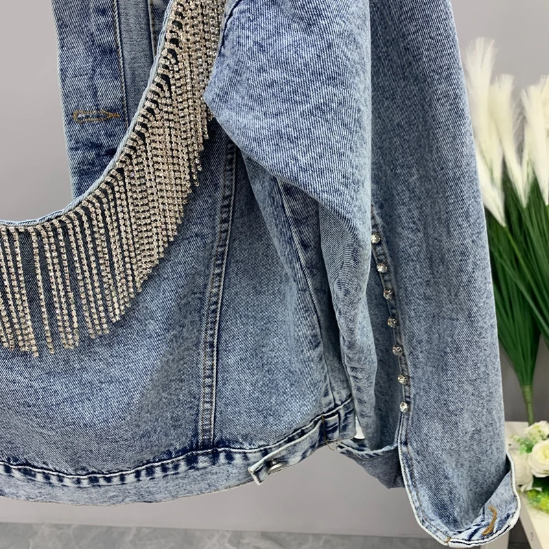 

2020 autumn diamonds tassels Back love heart hollow out denim jacket women Modis outerwear