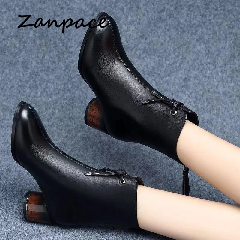 Сапоги женские кожаные зимние черные на толстой вельветовой подкладке среднем