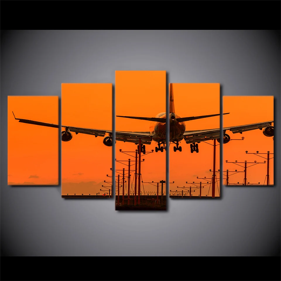 

Canvas HD Printed Pictures Framework Home Decor 5 Pieces Airplane Sunset Landscape Painting Modular Living Room Wall Art Poster