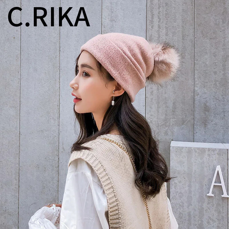 2019 зимняя розовая вязаная шапочка с помпонами для женщин пушистый двойной помпон