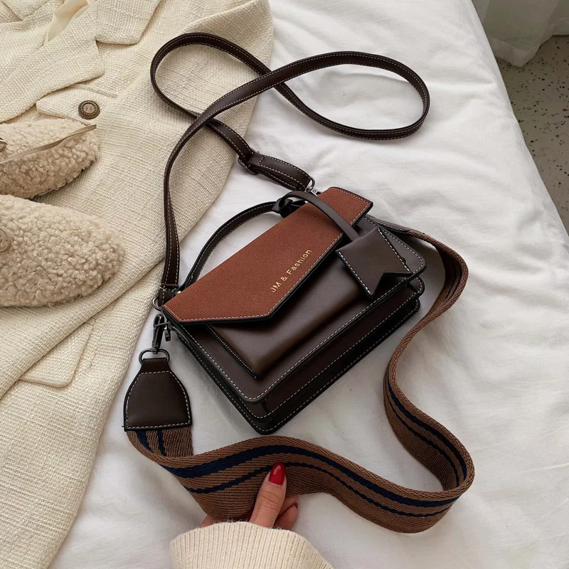 

Nubuck PU Leather Women's Small Handbags Fashion Wide Strap Ladies Shoulder Flap Bag High Quality Square Crossbody Messenger Bag