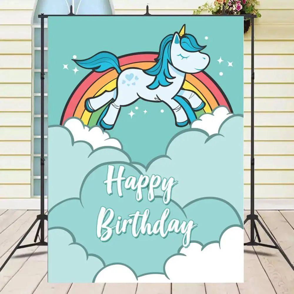 

Cartoon Unicorn Party Rainbow Birthday Party Backdrops Clouds Baby Newborn Photography Backgrounds Girls Cake Table Decoration