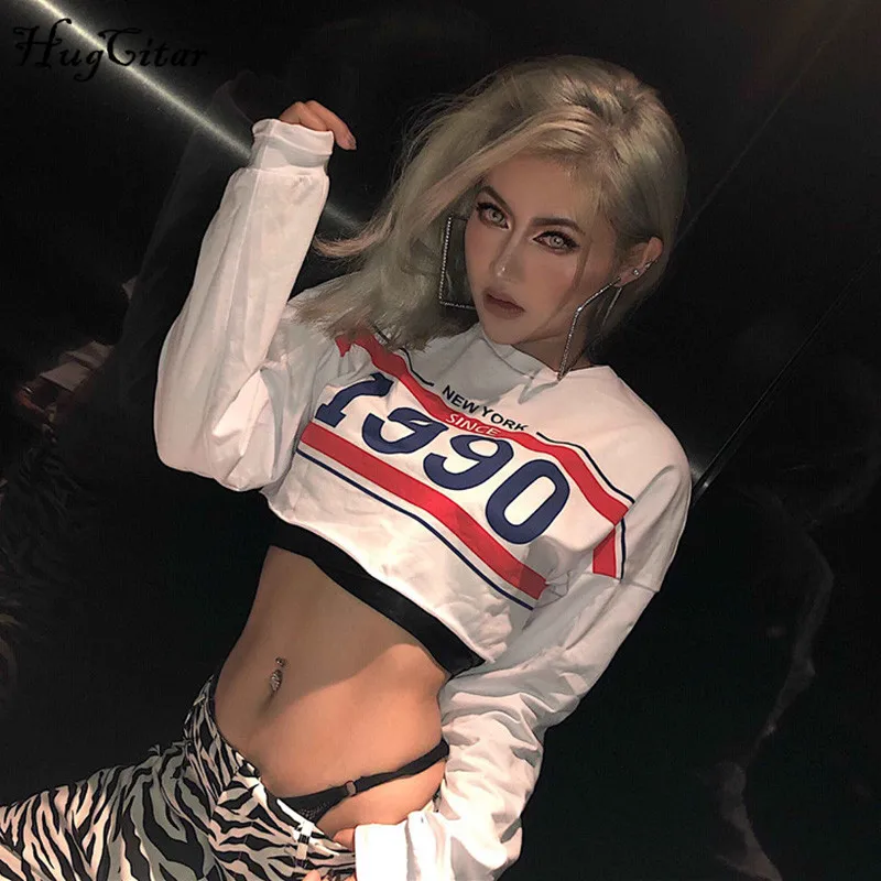 Женский укороченный свитер Hugcitar хлопковый с буквенным принтом на осень и зиму