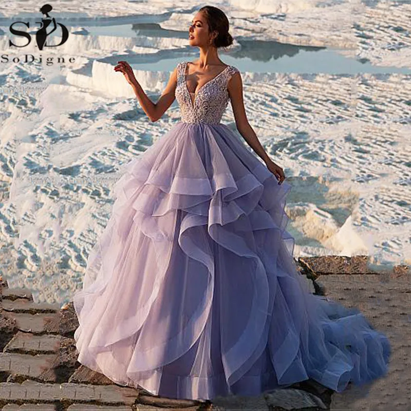 

Purple Ball Gown Wedding Dress Sexy Tulle V-neck Lace Beaded Ruffles Princess Bride Dress robe de mariee Wedding Gowns