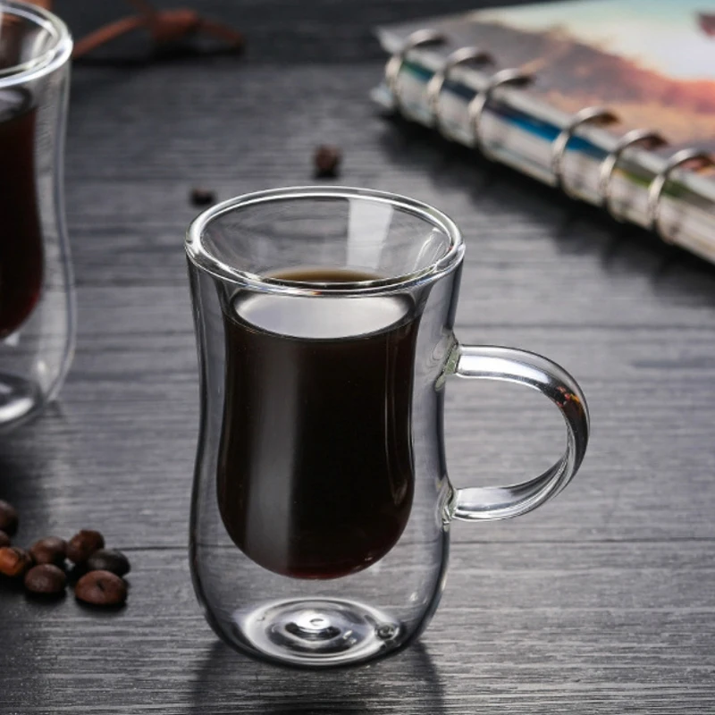 

Quality 80Ml European Double Coffee Mug Heat-Resistant Double Glass Cappuccino Cup Milk Cup Juice Cup New Cafe Office with Handl