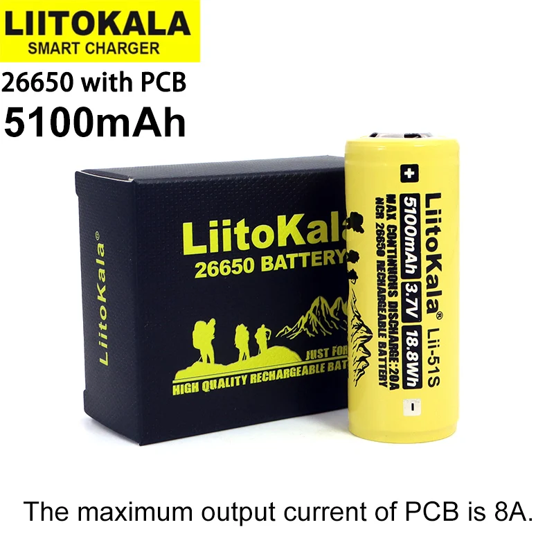 

Литиевая аккумуляторная батарея Liitokala LII-51S, 26650, 8 А, 26650A, 3,7 в, 5100mA, подходит для фонарика (Защита печатной платы), 10 шт.